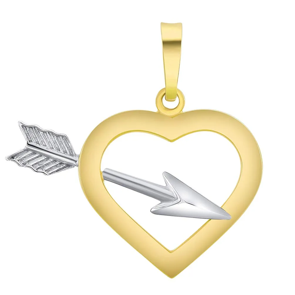 14k Two-Tone Gold 3D Love Arrow Through Open Heart Charm Pendant Curb Chain Necklace