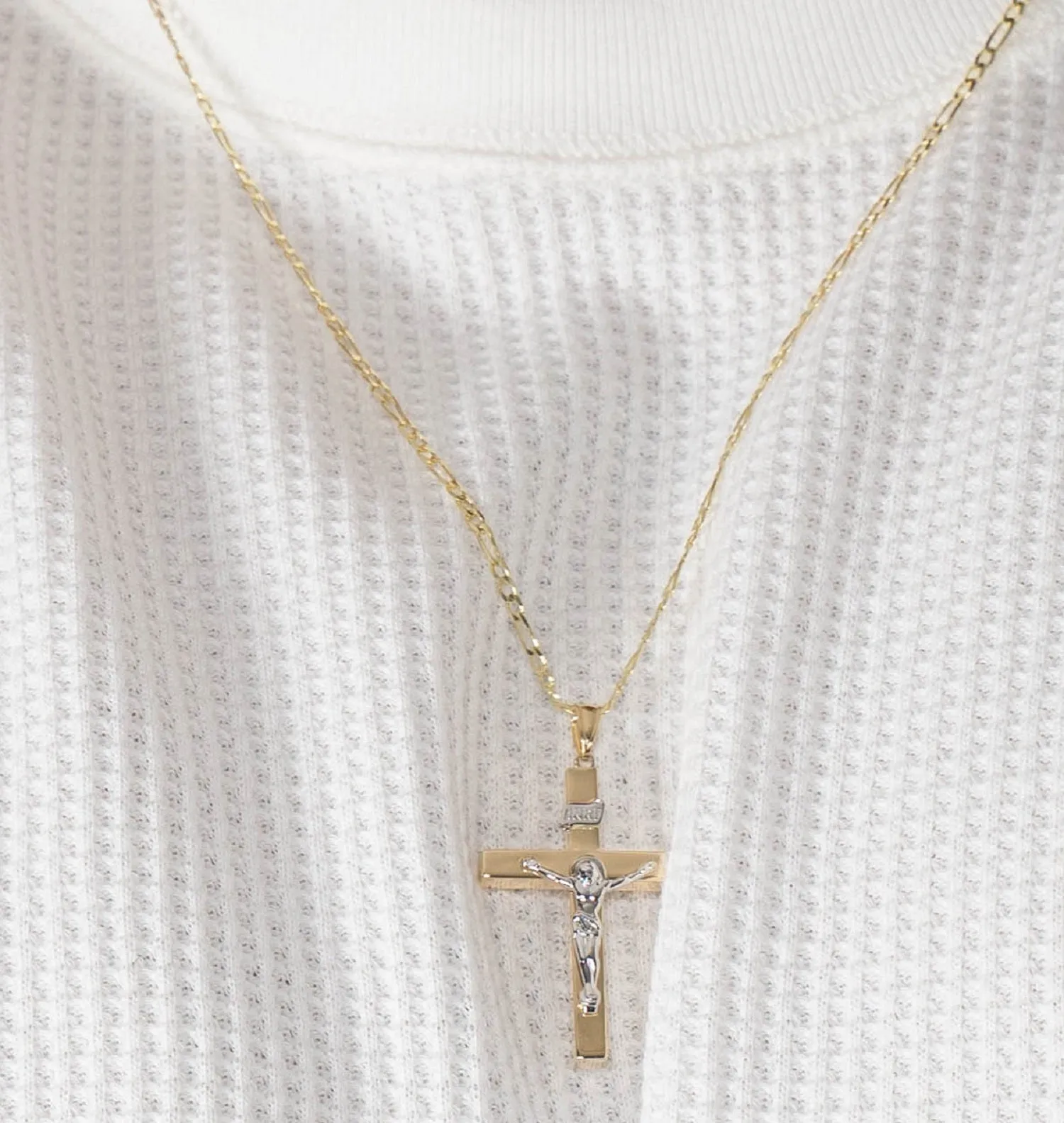 14k Two-Tone Gold 4mm Thick INRI Tubular Cross Roman Catholic Crucifix Pendant with Figaro Chain Necklace