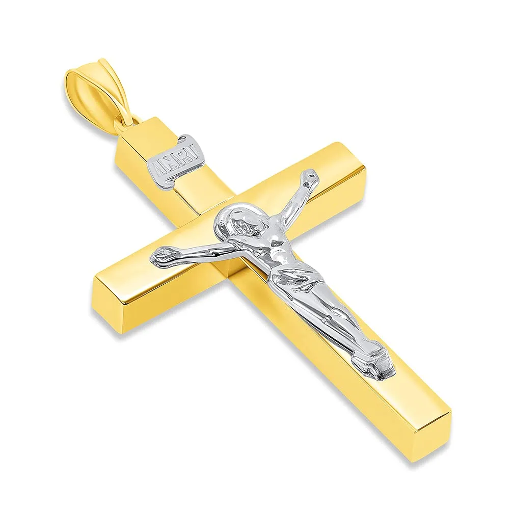 14k Two-Tone Gold 4mm Thick INRI Tubular Cross Roman Catholic Crucifix Pendant with Figaro Chain Necklace