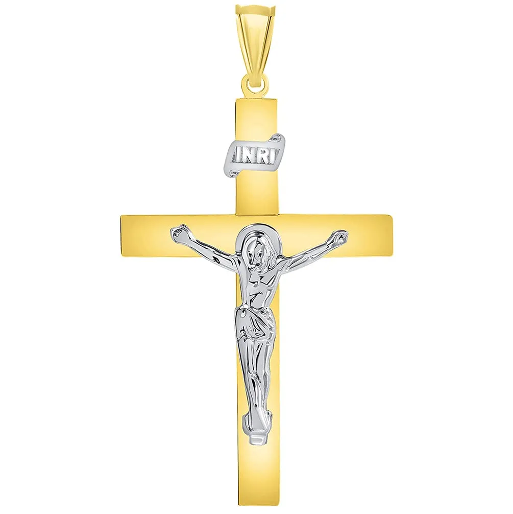14k Two-Tone Gold 4mm Thick INRI Tubular Cross Roman Catholic Crucifix Pendant with Figaro Chain Necklace