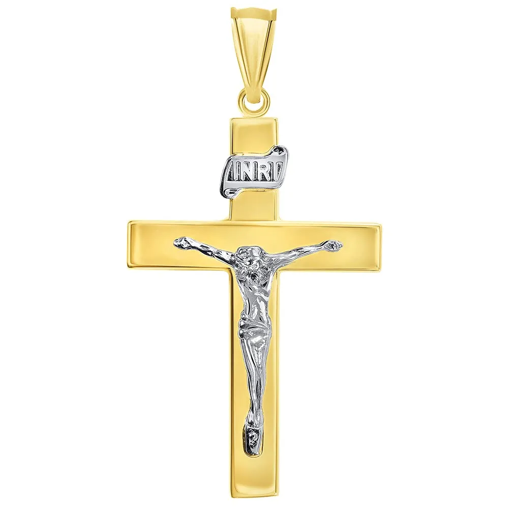 14k Two-Tone Gold 4mm Thick INRI Tubular Crucifix Cross Pendant