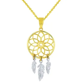 14k Two-Tone Gold Native American Dreamcatcher Charm Pendant Necklace
