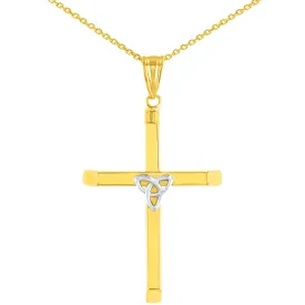 14K Two Tone Gold Plain Celtic Trinity Cross with Triquetra Symbol Pendant Necklace
