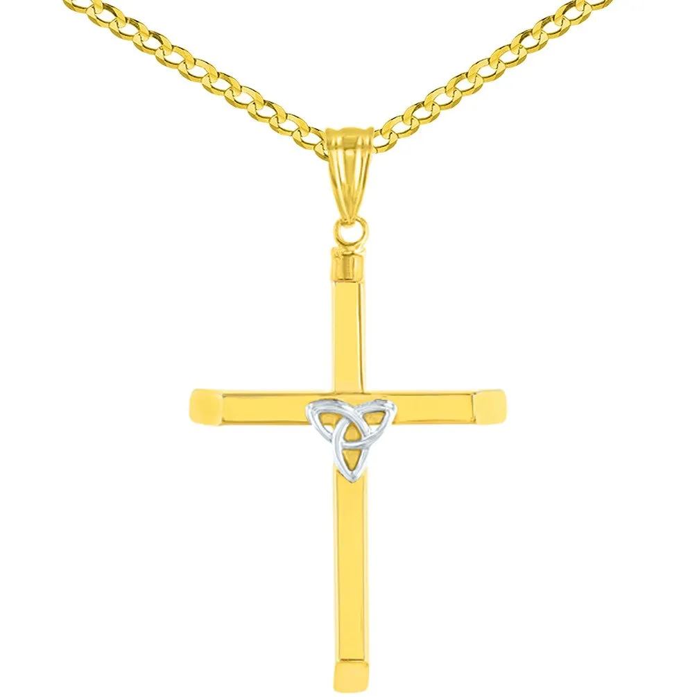14K Two Tone Gold Plain Celtic Trinity Cross with Triquetra Symbol Pendant with Cable, Cuban Curb, or Figaro Chain Necklaces
