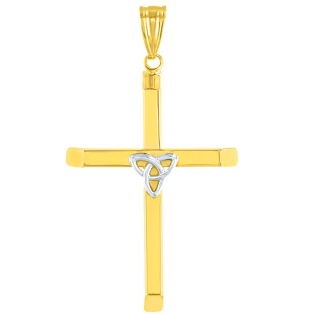 14K Two Tone Gold Plain Celtic Trinity Cross with Triquetra Symbol Pendant with Cable, Cuban Curb, or Figaro Chain Necklaces