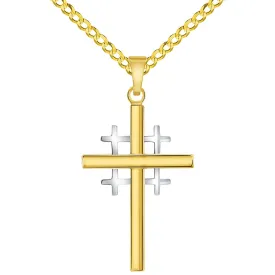 14k Two-Tone Gold Religious Crusaders Jerusalem Latin Plain Cross Pendant with Cuban Chain Curb Necklace