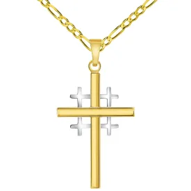 14k Two-Tone Gold Religious Crusaders Jerusalem Latin Plain Cross Pendant with Figaro Chain Necklace