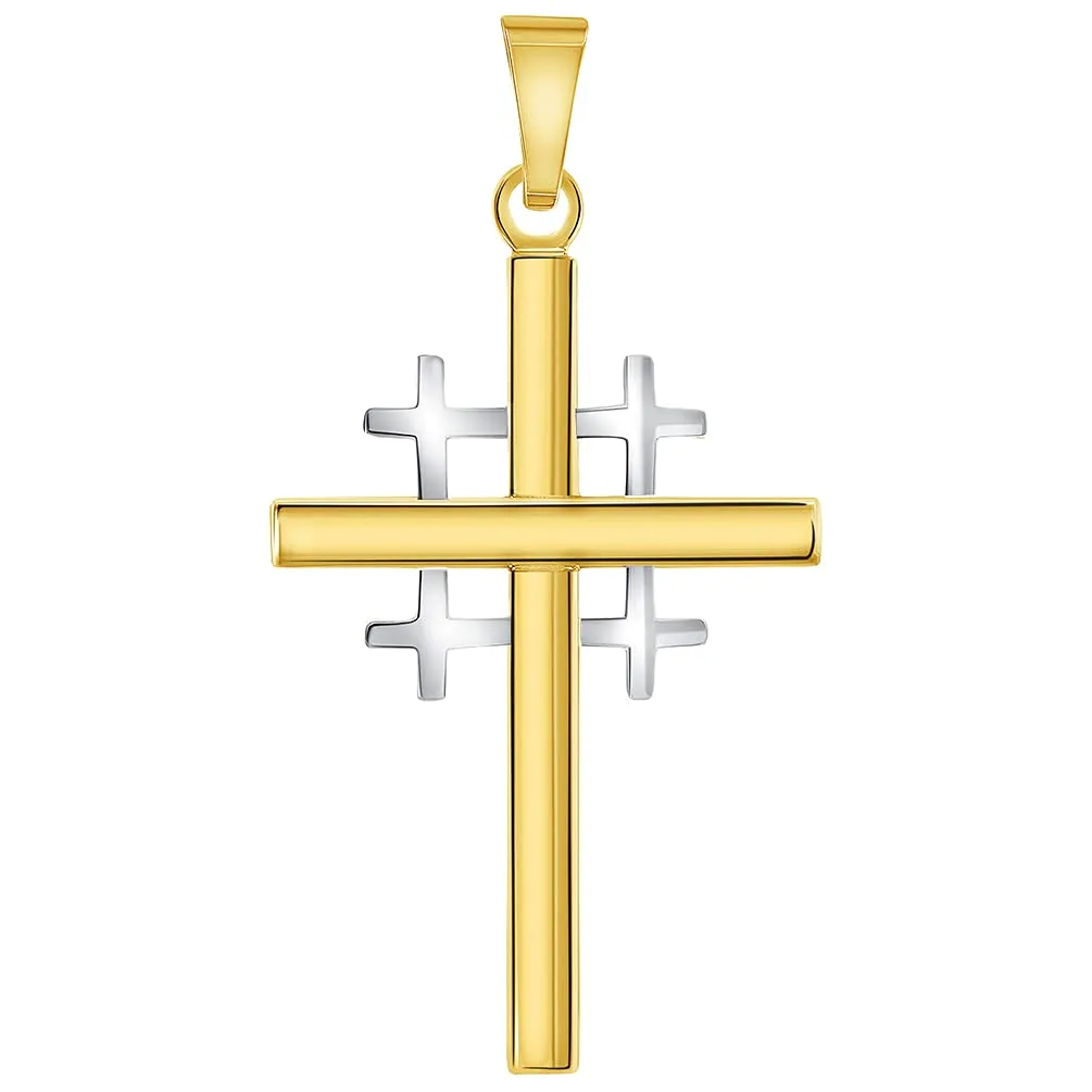 14k Two-Tone Gold Religious Crusaders Jerusalem Latin Plain Cross Pendant with Figaro Chain Necklace