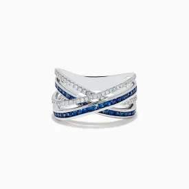 14K White Gold Blue Sapphire and Diamond Crossover Ring