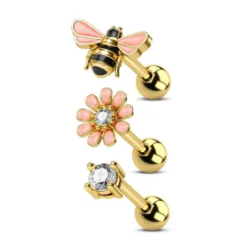 16G 3PCS Bee/Flower/Gem Cartilage Studs Set