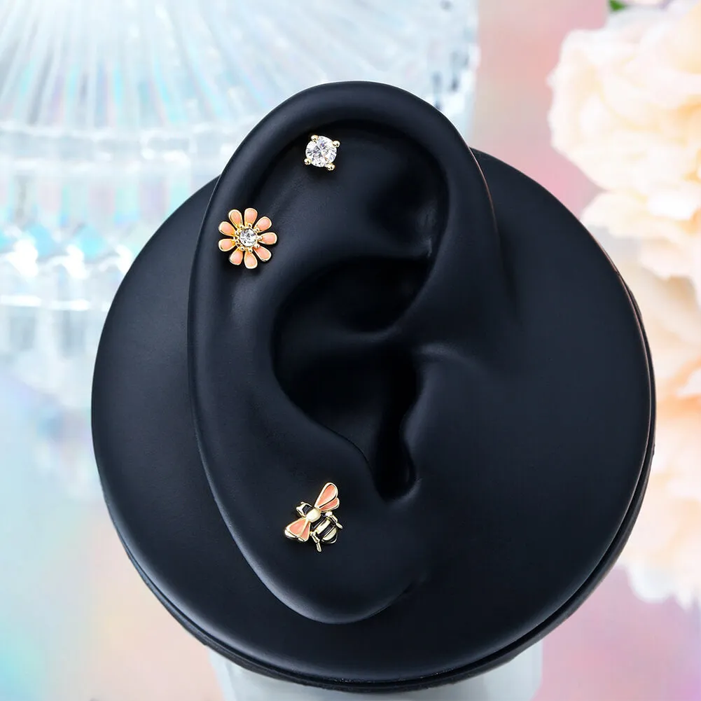 16G 3PCS Bee/Flower/Gem Cartilage Studs Set