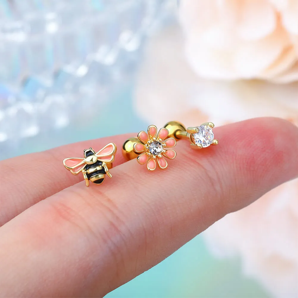 16G 3PCS Bee/Flower/Gem Cartilage Studs Set