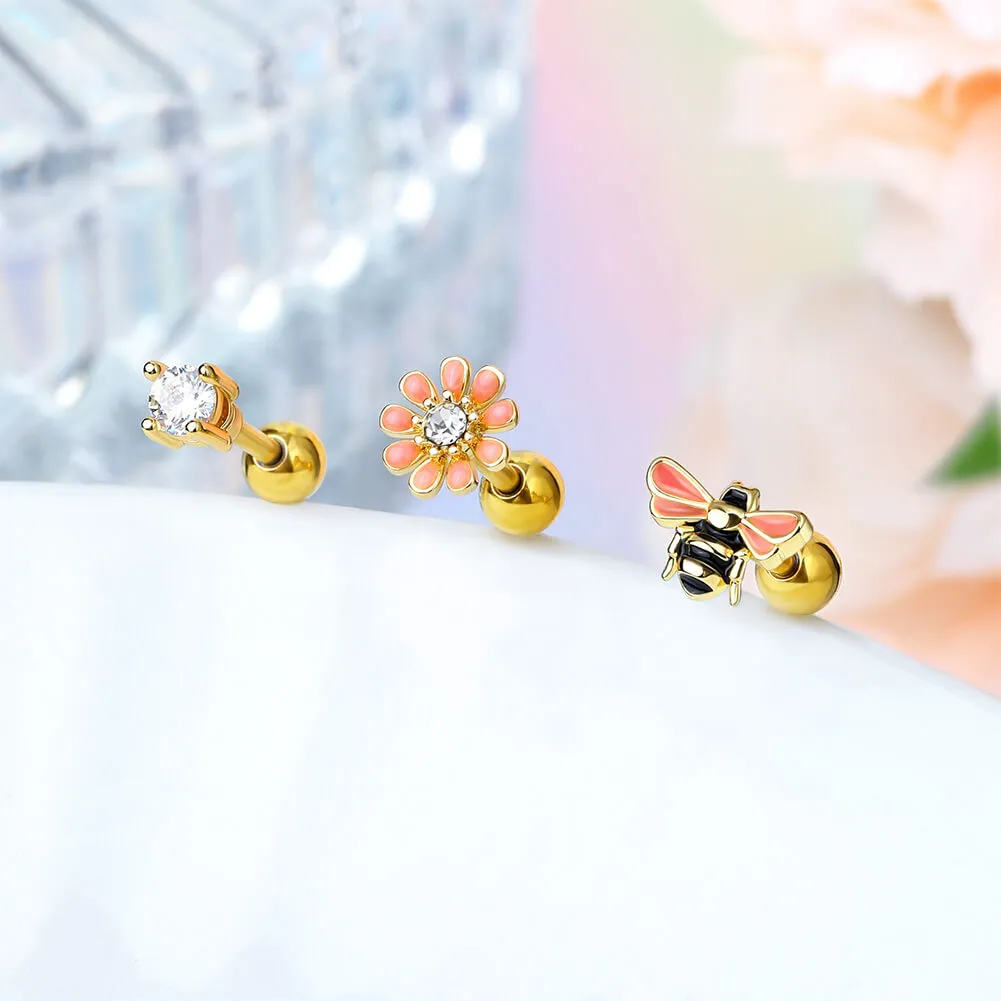 16G 3PCS Bee/Flower/Gem Cartilage Studs Set