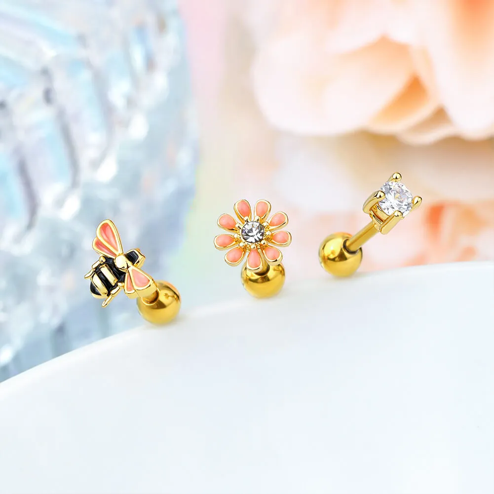 16G 3PCS Bee/Flower/Gem Cartilage Studs Set