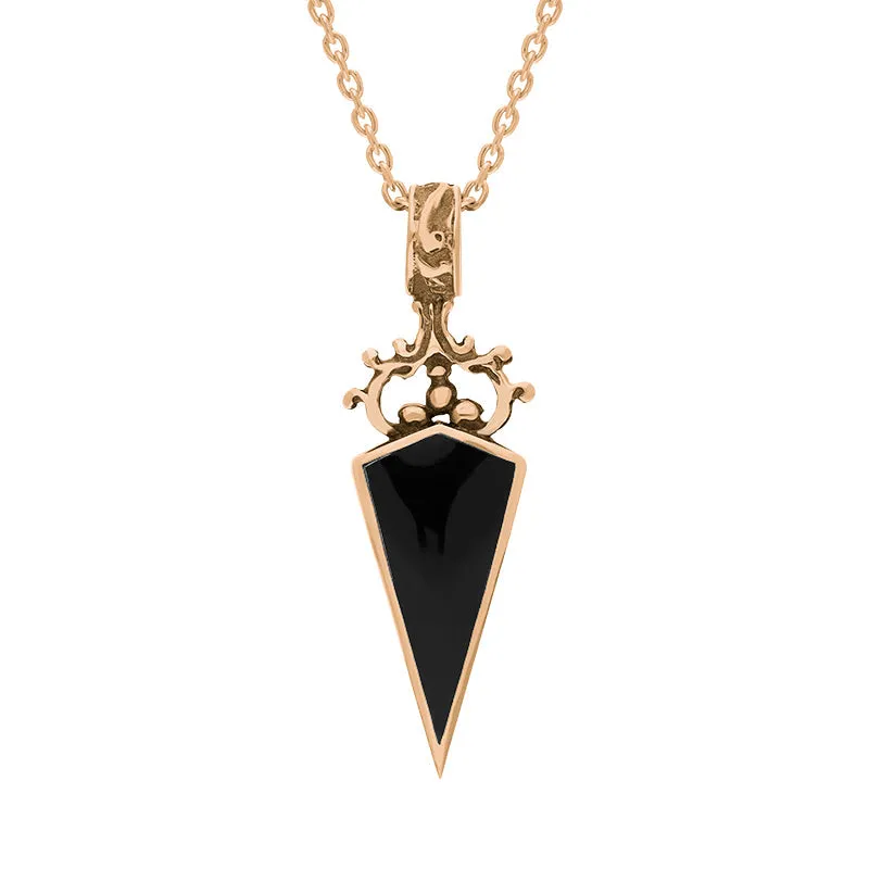 18ct Rose Gold Whitby Jet Lapis Lazuli Double Sided Scroll Dagger Fob Necklace