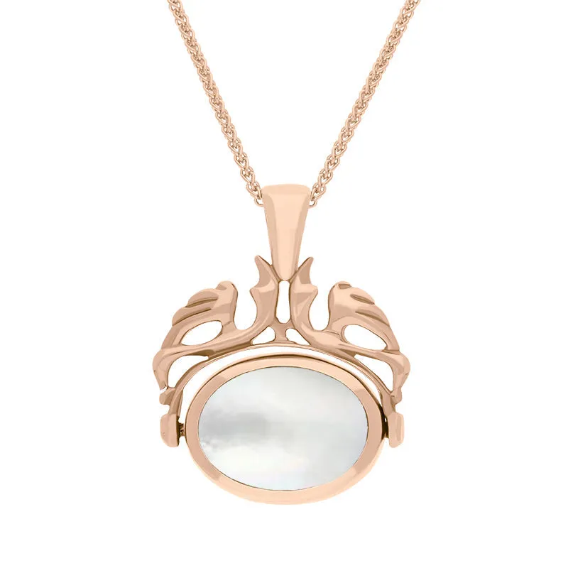 18ct Rose Gold Whitby Jet Mother Of Pearl Double Sided Oval Swivel Fob Necklace