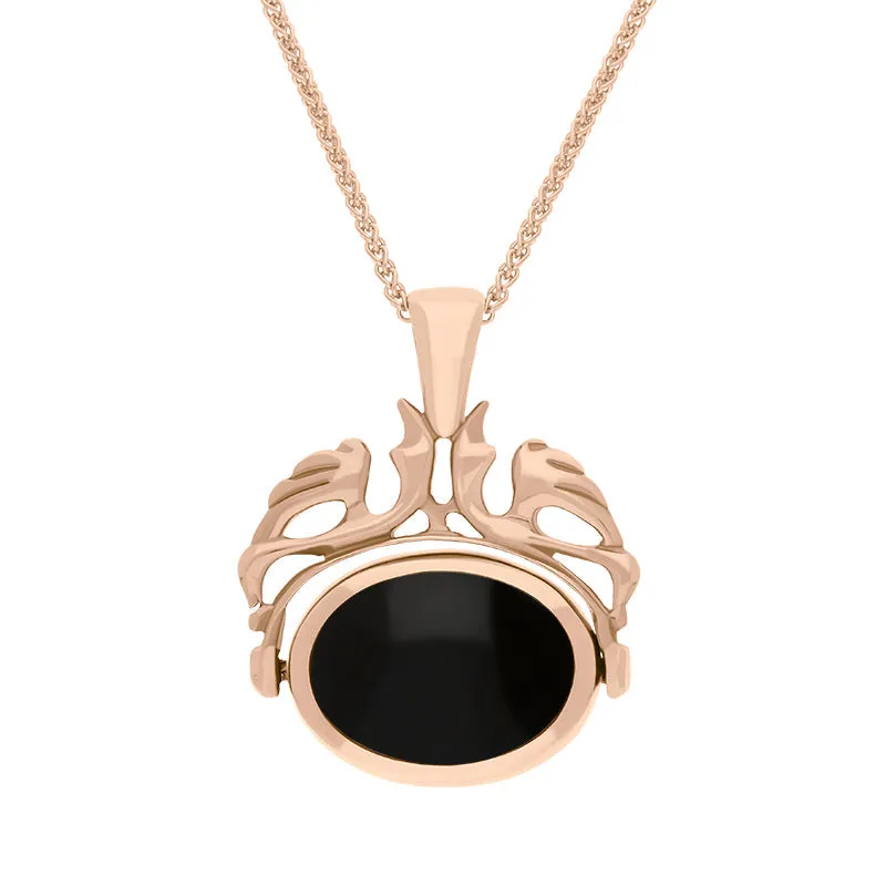 18ct Rose Gold Whitby Jet Mother Of Pearl Double Sided Oval Swivel Fob Necklace