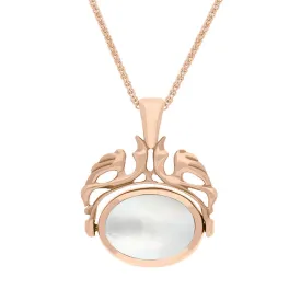 18ct Rose Gold Whitby Jet Mother Of Pearl Double Sided Oval Swivel Fob Necklace
