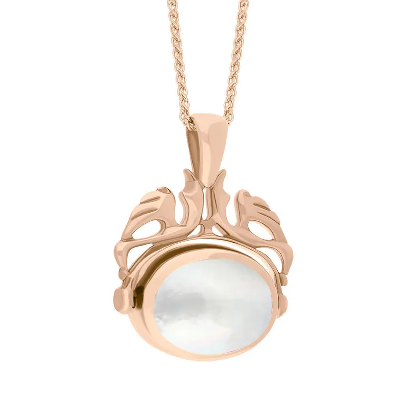 18ct Rose Gold Whitby Jet Mother Of Pearl Double Sided Oval Swivel Fob Necklace
