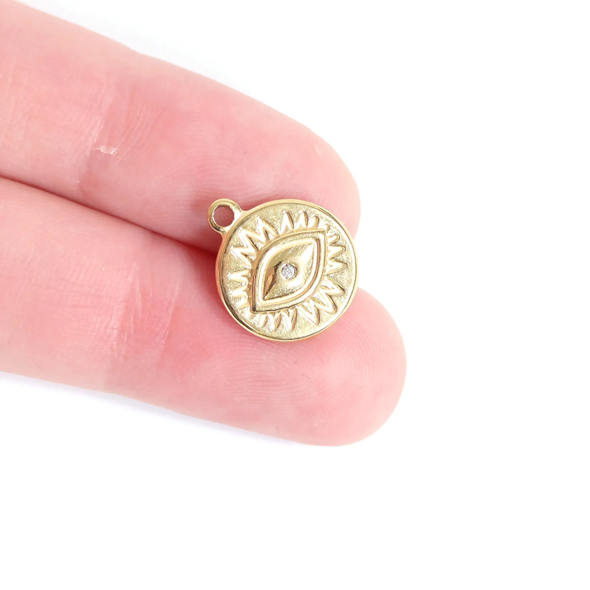 18K Gold PVD Stainless Steel Crystal Evil Eye Sun Disc Charm / PDL0127