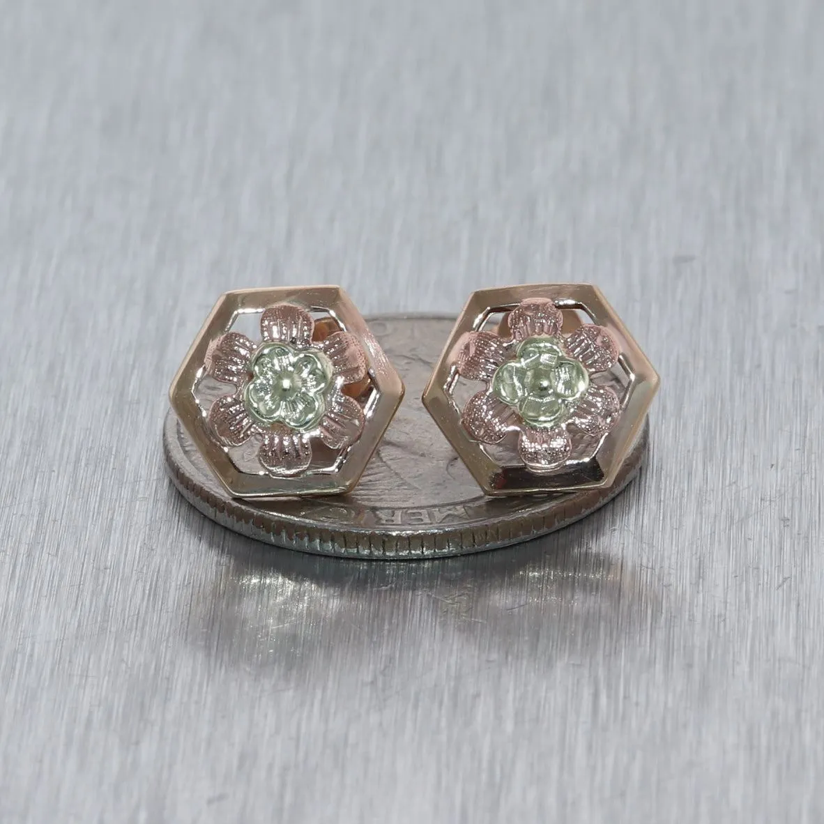 1930's Antique Art Deco 14k Yellow & Rose Gold Flower Earrings