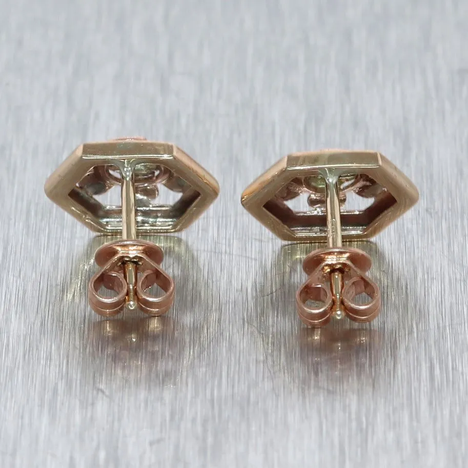 1930's Antique Art Deco 14k Yellow & Rose Gold Flower Earrings