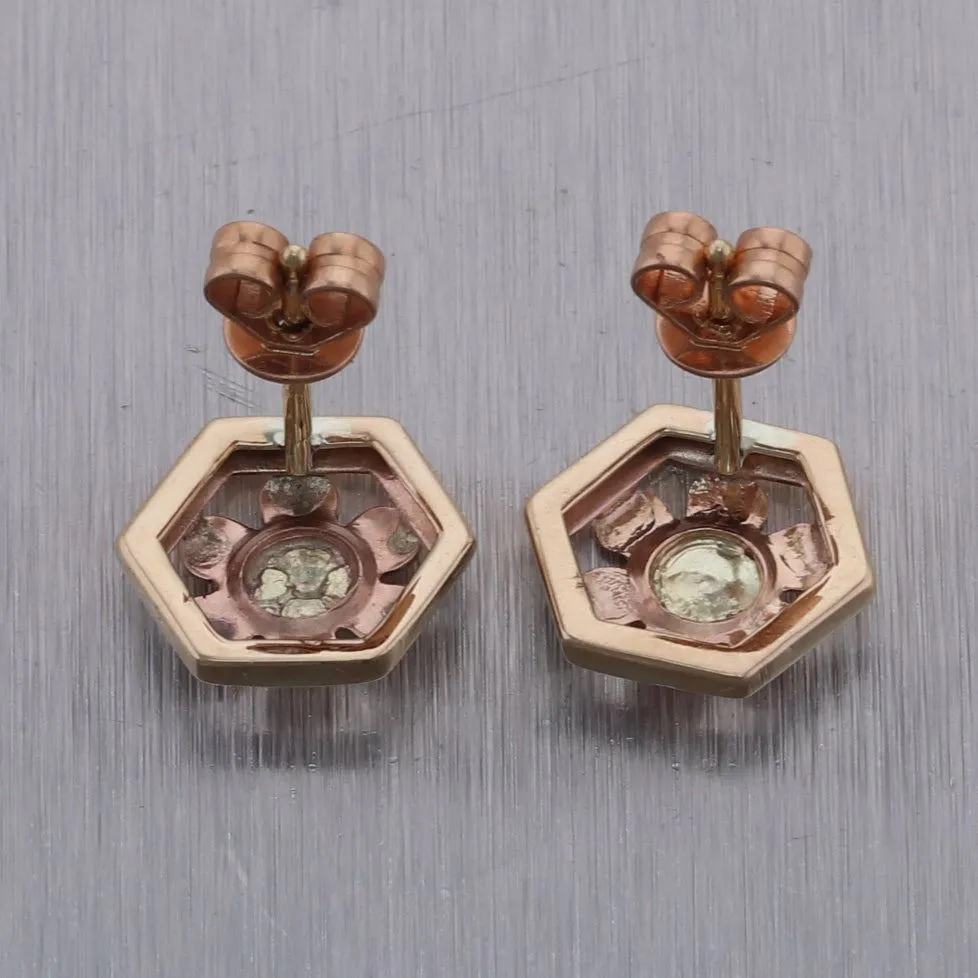 1930's Antique Art Deco 14k Yellow & Rose Gold Flower Earrings