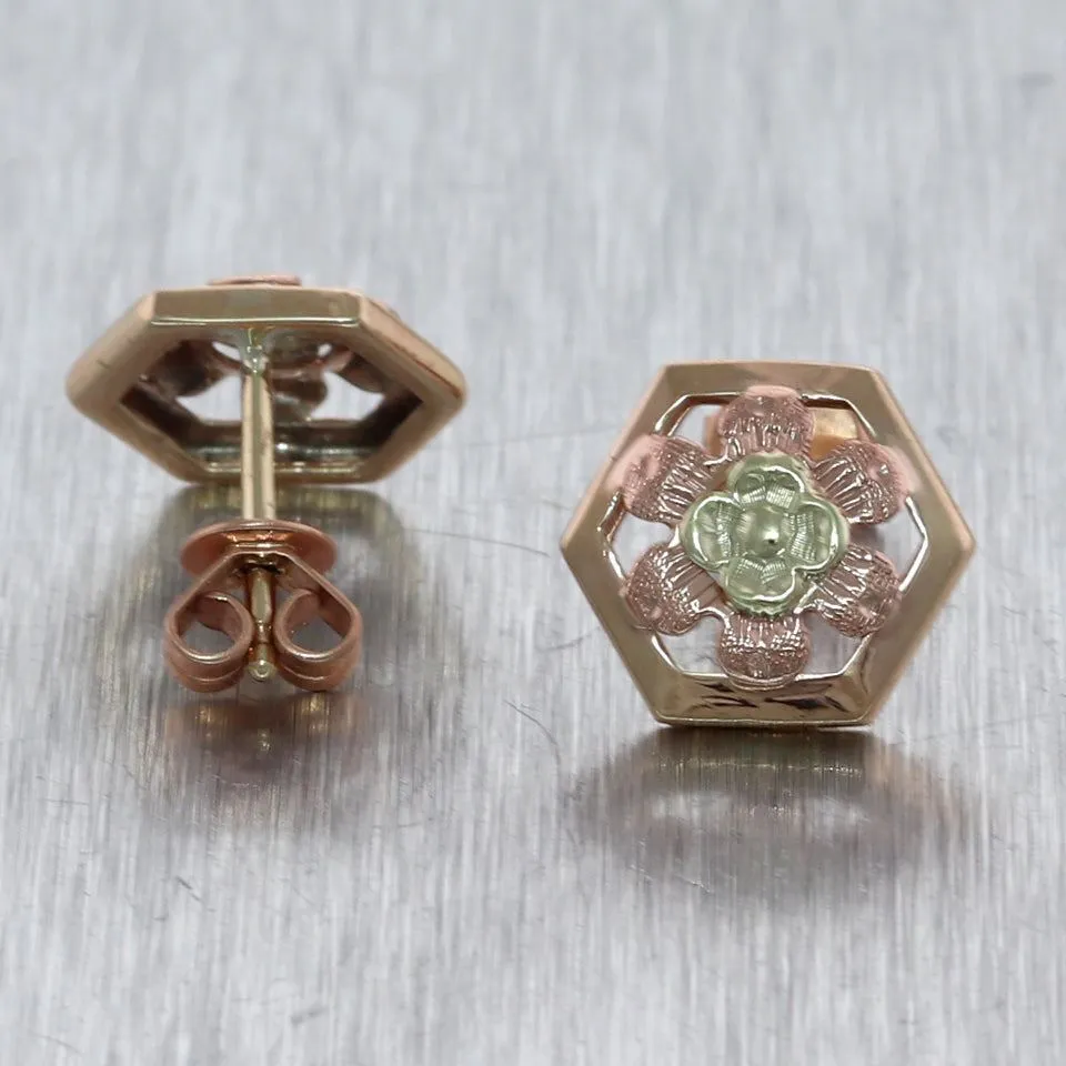1930's Antique Art Deco 14k Yellow & Rose Gold Flower Earrings