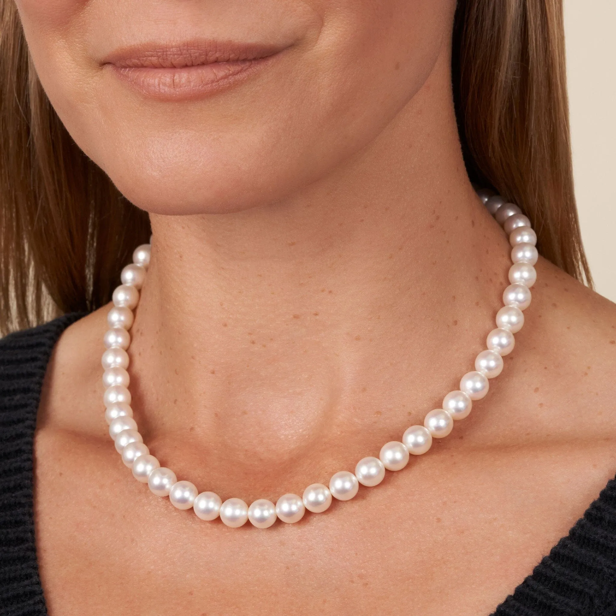 8.0-8.5 mm 18 Inch AA  Bright White Silver Rose Tone Akoya Pearl Necklace