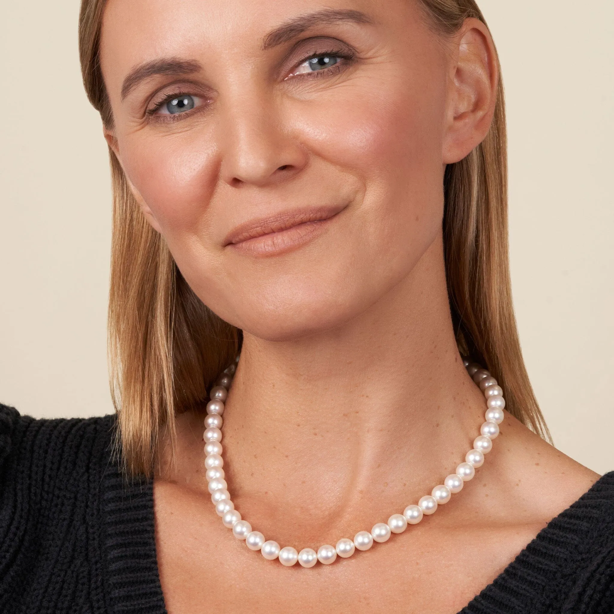 8.0-8.5 mm 18 Inch AA  Bright White Silver Rose Tone Akoya Pearl Necklace