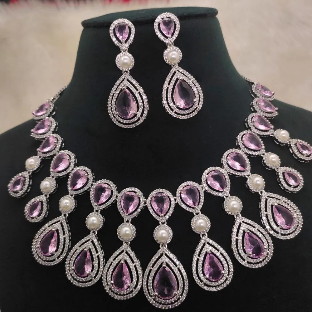 Aamrapali Silver Plated AD And Beads Necklace Set