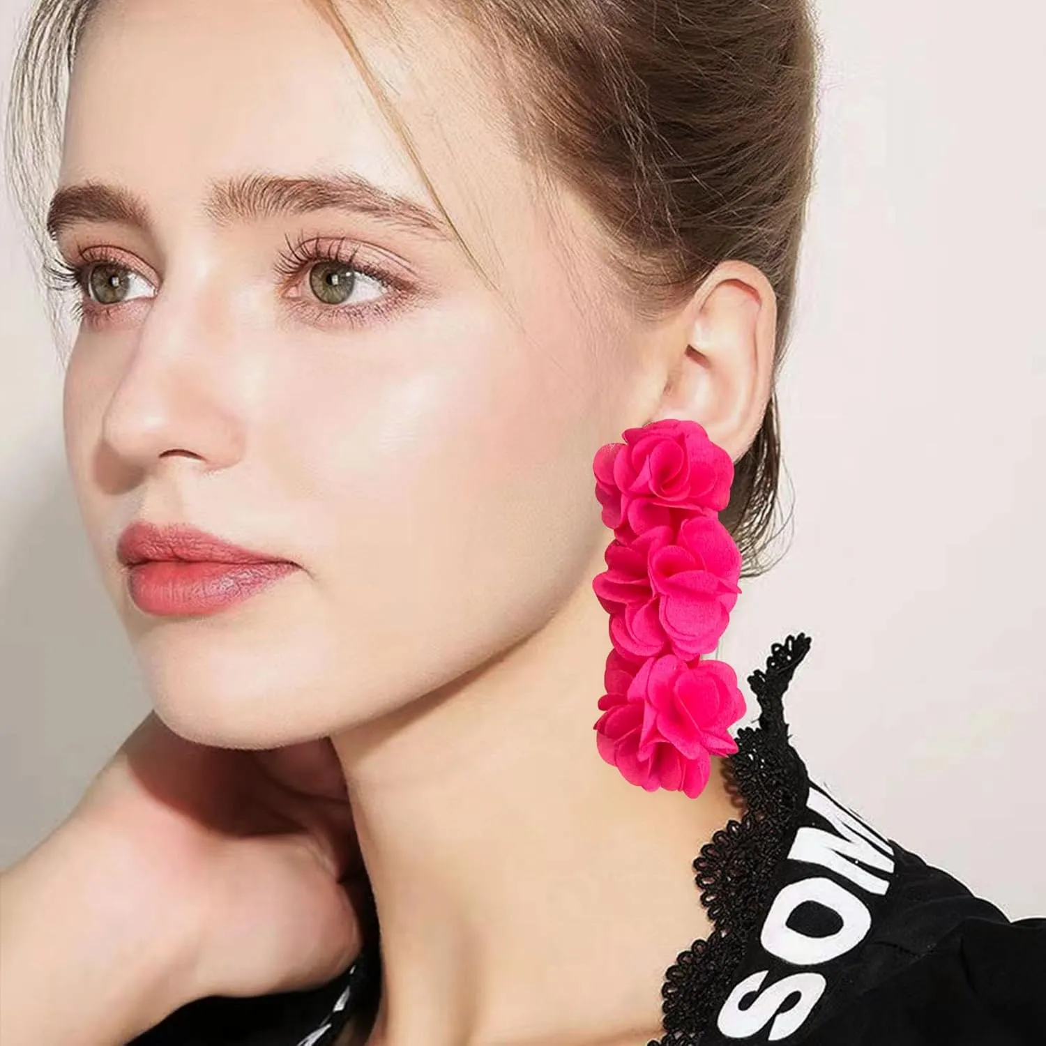 Anmpab Elegant Long Fabric 3-Layer Flower Tassel Earrings Bohemian Handmade Dangle Drop Earrings for Women Vintage Floral Statement Jewelry