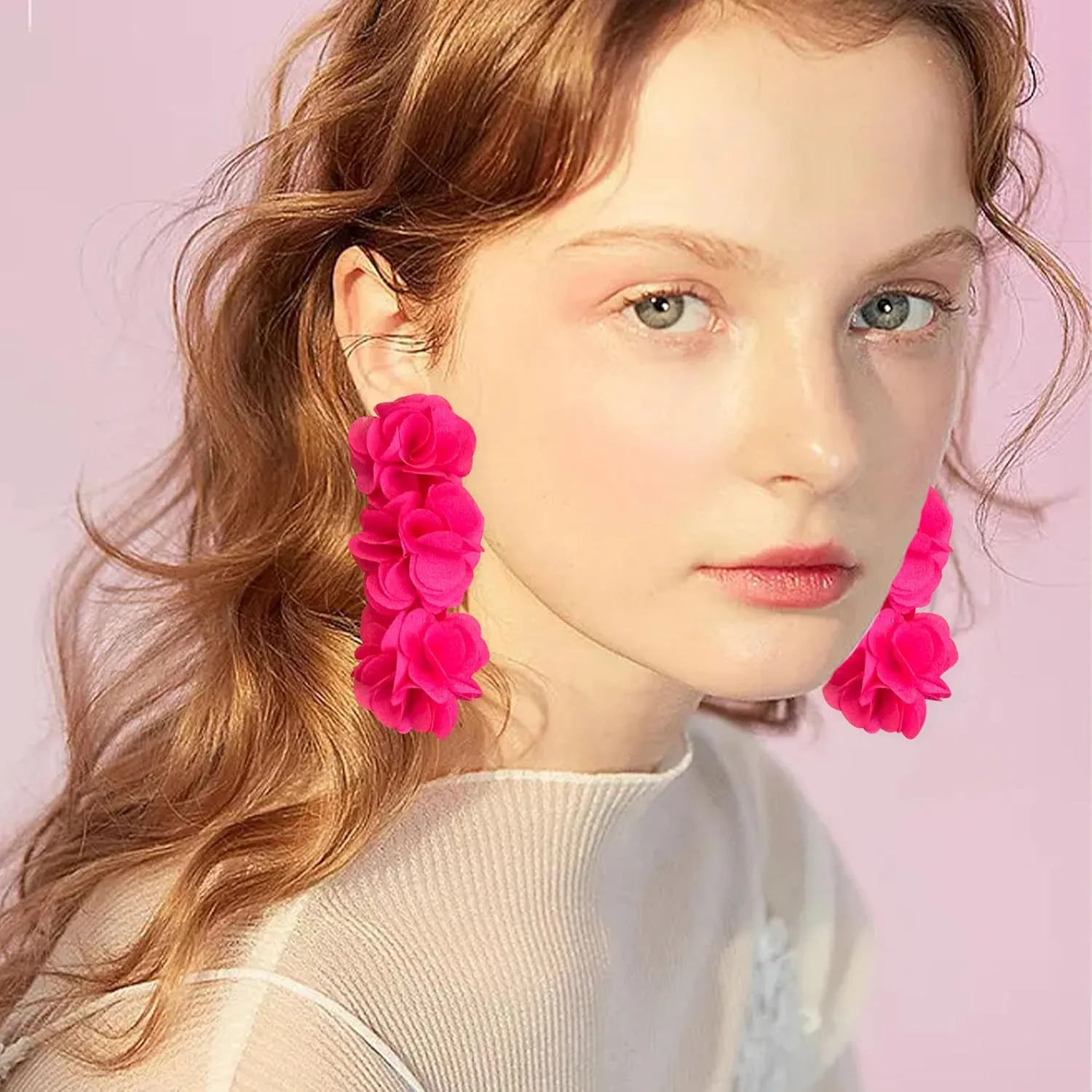 Anmpab Elegant Long Fabric 3-Layer Flower Tassel Earrings Bohemian Handmade Dangle Drop Earrings for Women Vintage Floral Statement Jewelry