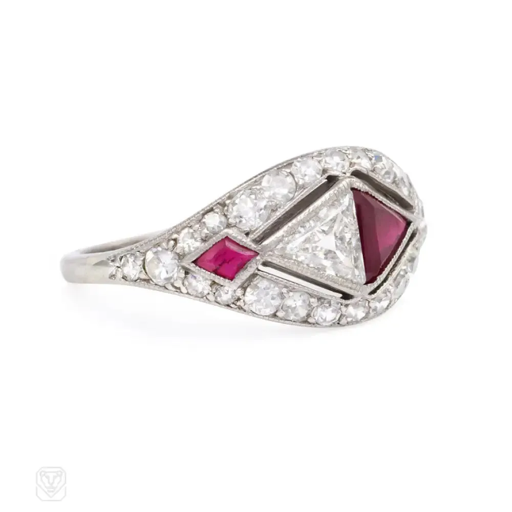 Art Deco trilliant ruby and diamond ring