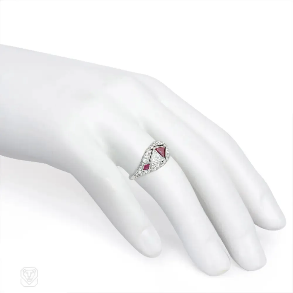 Art Deco trilliant ruby and diamond ring