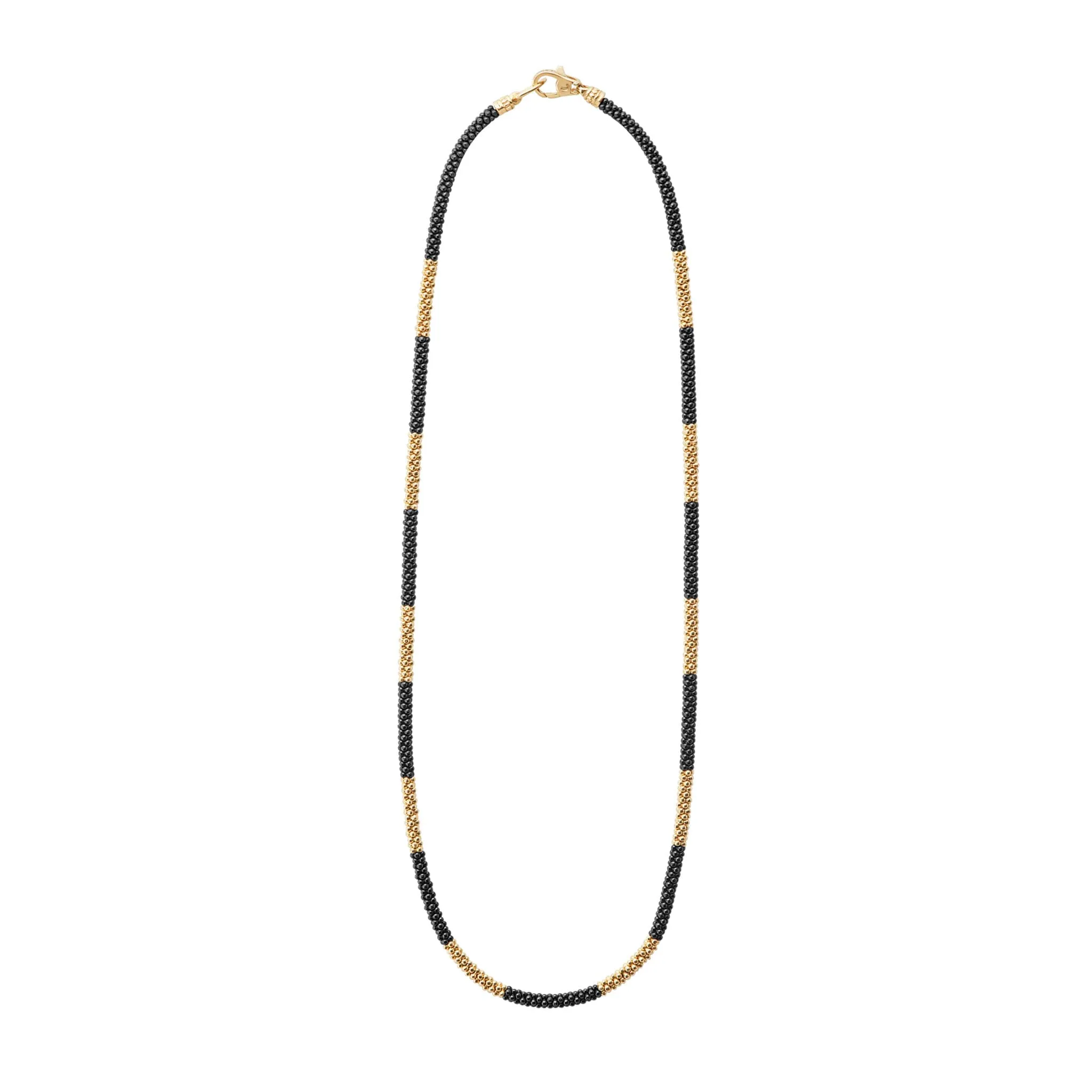 Black Caviar 18K Gold Large Station Ceramic Beaded Necklace | 3mm