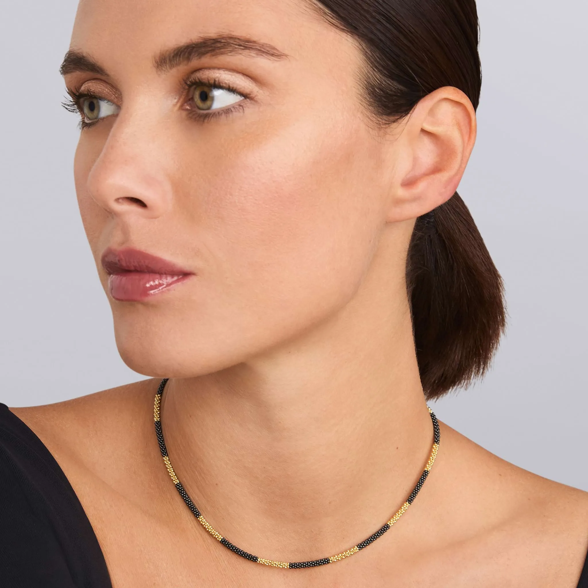 Black Caviar 18K Gold Large Station Ceramic Beaded Necklace | 3mm