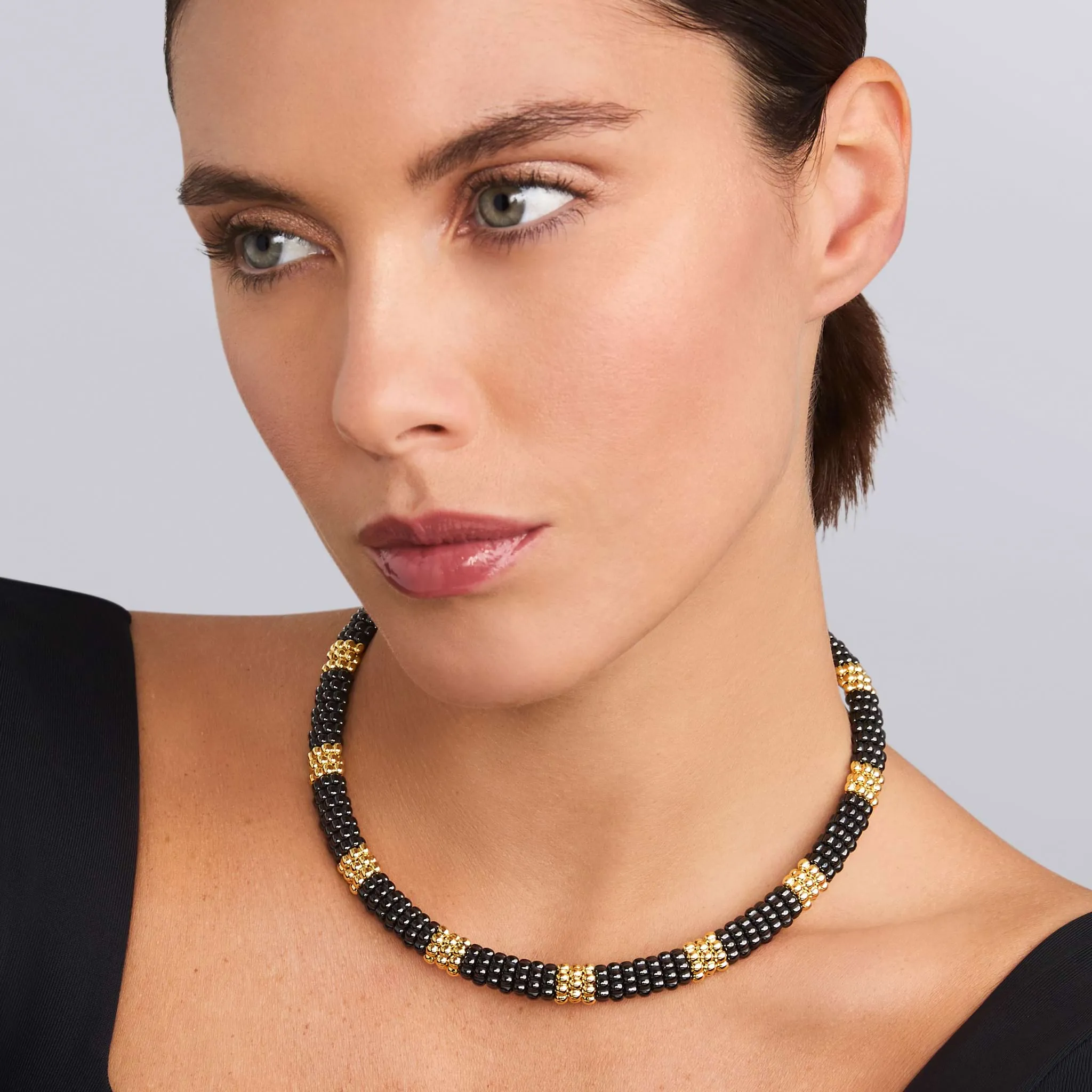 Black Caviar 18K Gold Small Station Ceramic Beaded Necklace | 9mm
