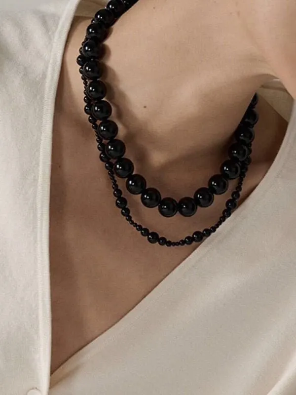 Black Onyx Beaded OT Buckle Necklace-14mm