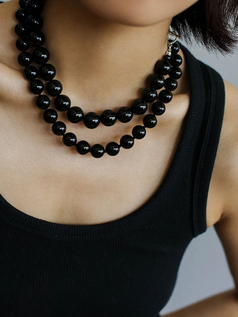Black Onyx Beaded OT Buckle Necklace-14mm