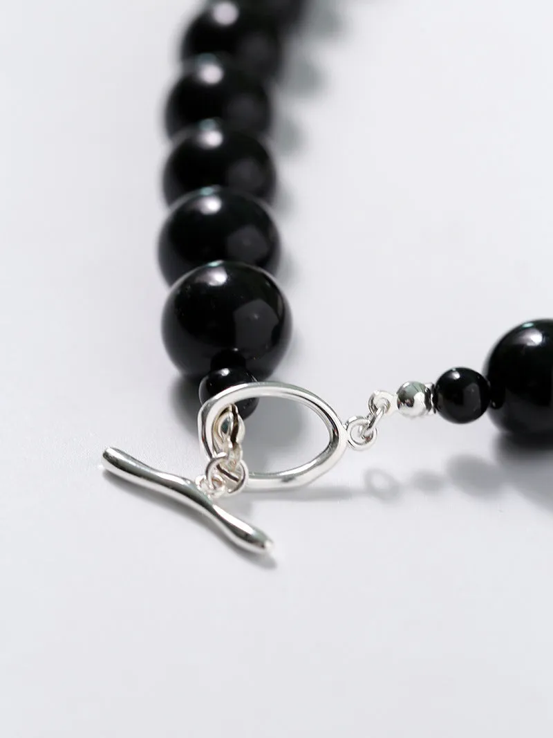 Black Onyx Beaded OT Buckle Necklace-14mm