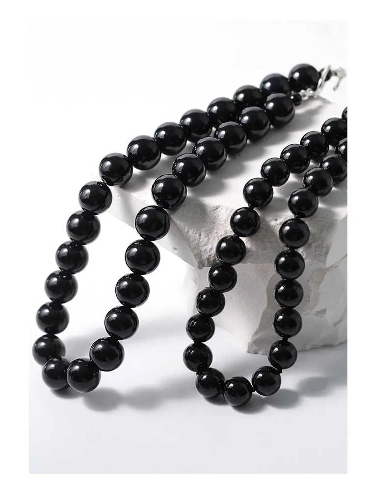 Black Onyx Beaded OT Buckle Necklace-14mm