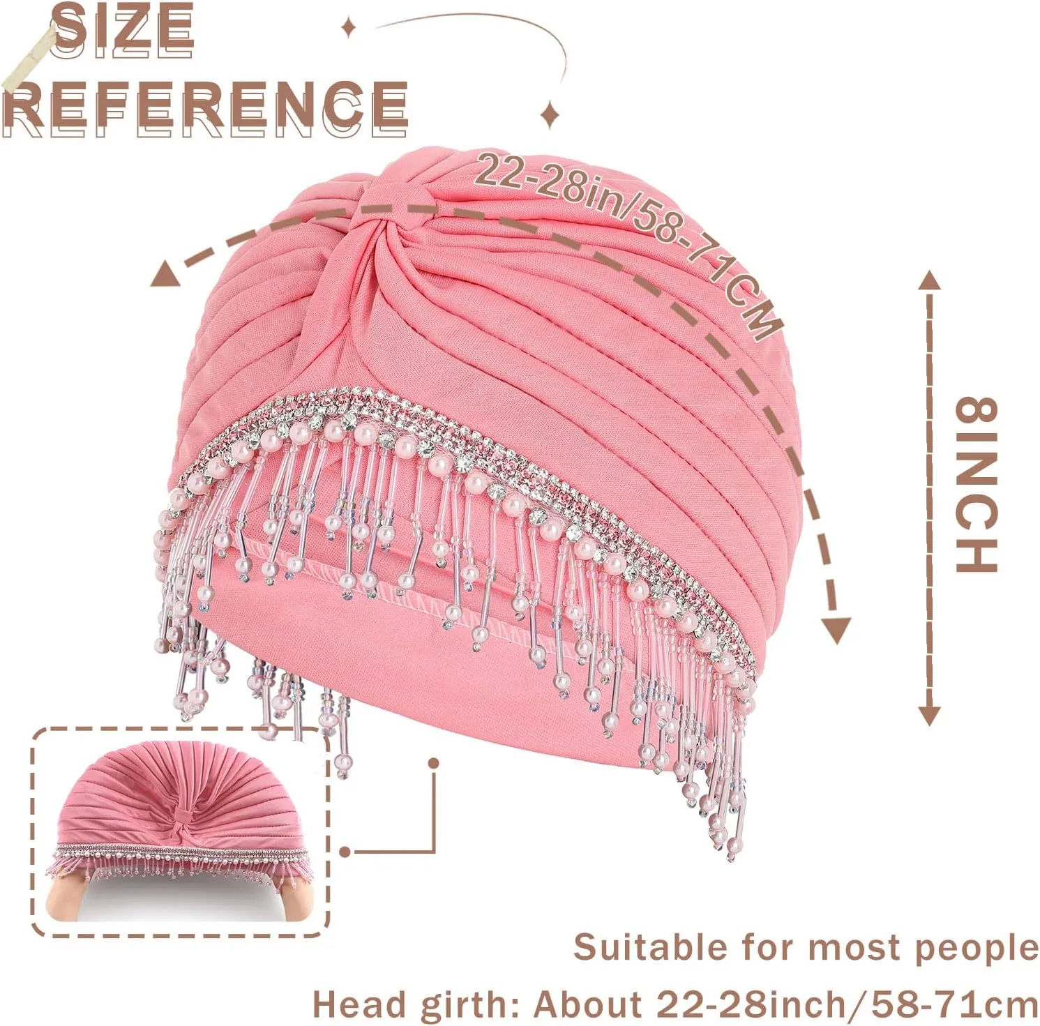 Bohend Beaded Rhinestone Turban Hat Knot Headwrap Beanie Pre Tied Pleated Headscarf Bonnet Women Tassel Head Cover Caps