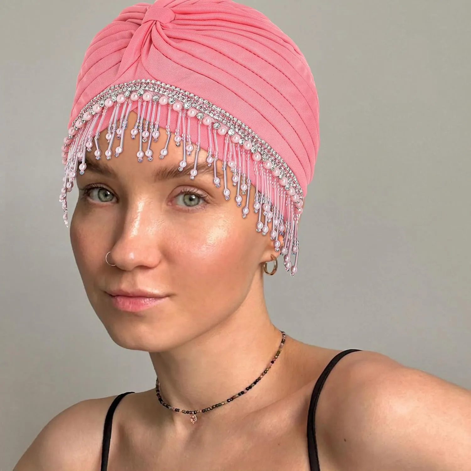 Bohend Beaded Rhinestone Turban Hat Knot Headwrap Beanie Pre Tied Pleated Headscarf Bonnet Women Tassel Head Cover Caps