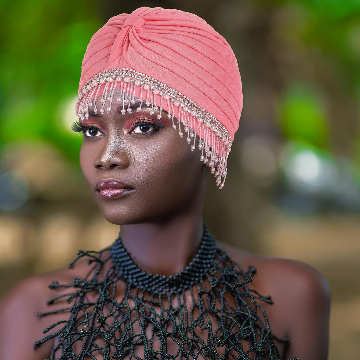 Bohend Beaded Rhinestone Turban Hat Knot Headwrap Beanie Pre Tied Pleated Headscarf Bonnet Women Tassel Head Cover Caps