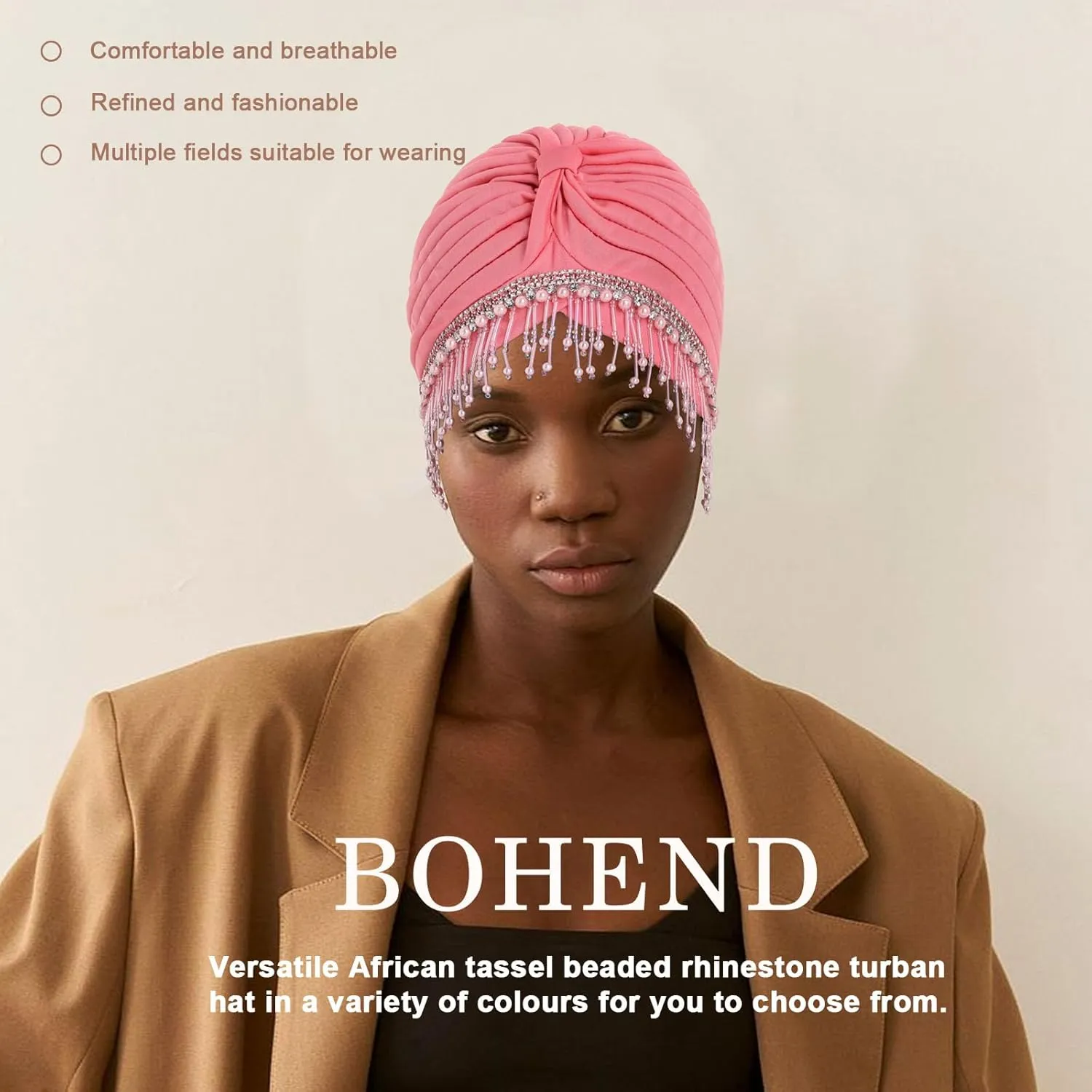 Bohend Beaded Rhinestone Turban Hat Knot Headwrap Beanie Pre Tied Pleated Headscarf Bonnet Women Tassel Head Cover Caps