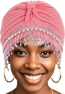 Bohend Beaded Rhinestone Turban Hat Knot Headwrap Beanie Pre Tied Pleated Headscarf Bonnet Women Tassel Head Cover Caps