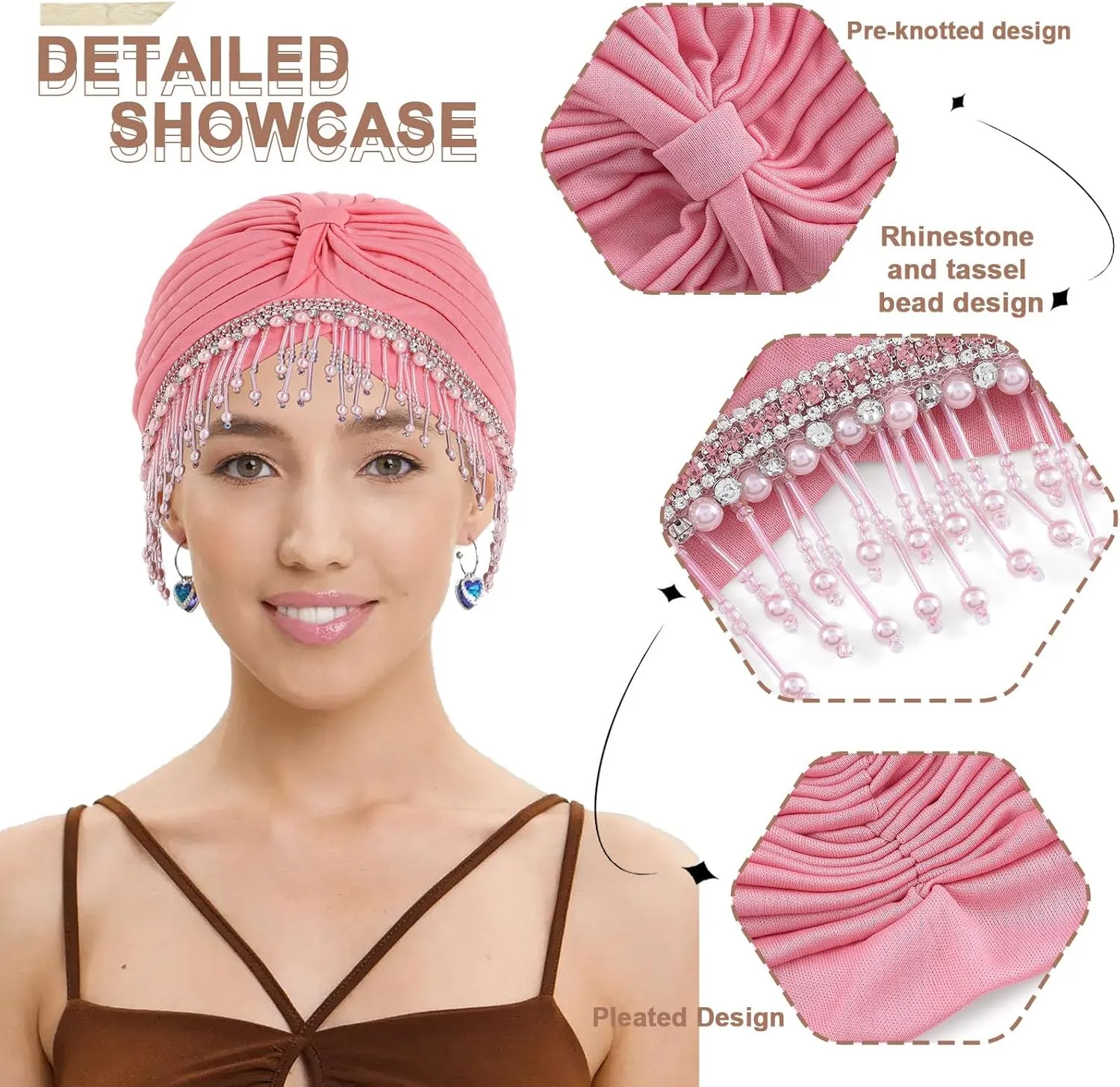 Bohend Beaded Rhinestone Turban Hat Knot Headwrap Beanie Pre Tied Pleated Headscarf Bonnet Women Tassel Head Cover Caps