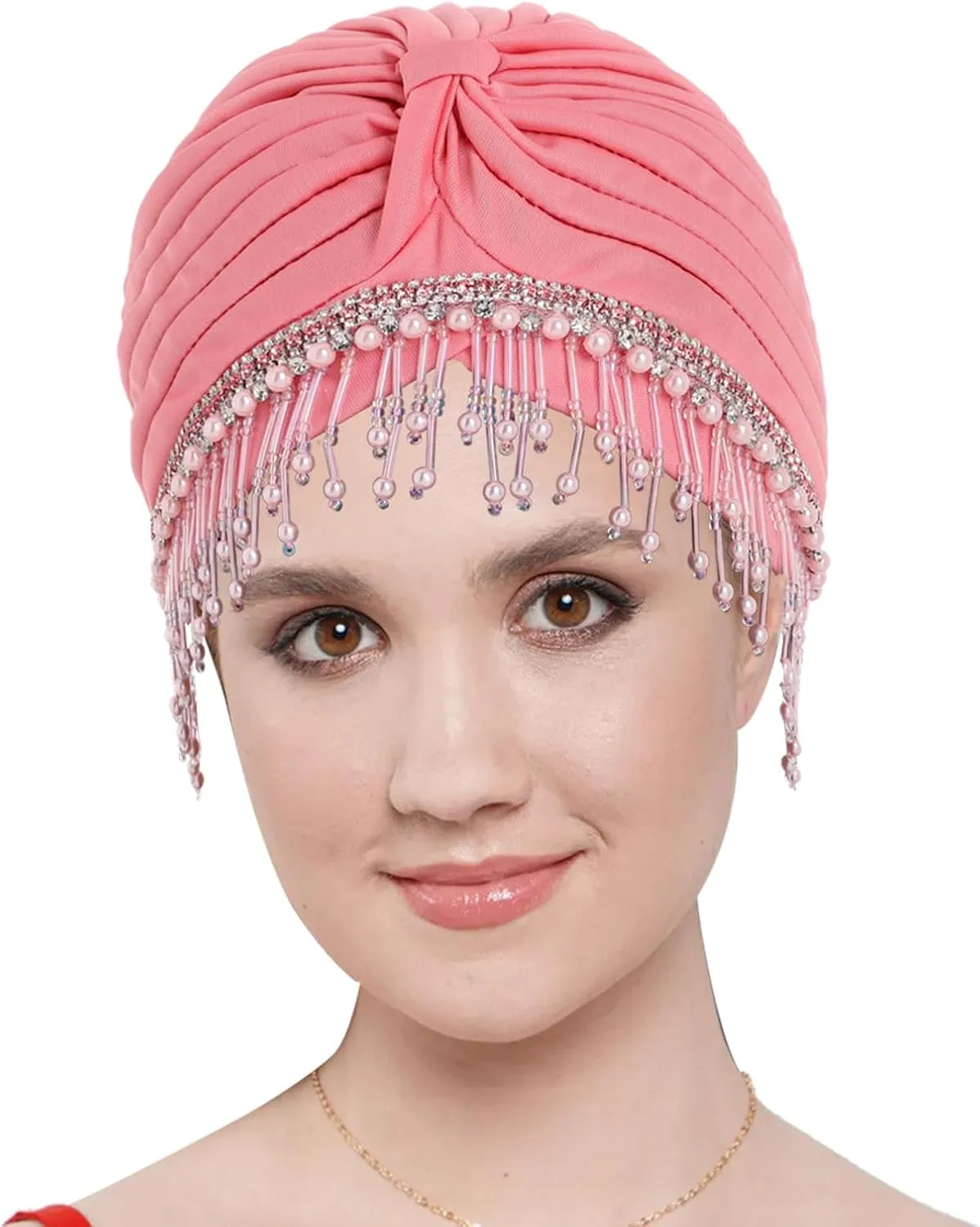 Bohend Beaded Rhinestone Turban Hat Knot Headwrap Beanie Pre Tied Pleated Headscarf Bonnet Women Tassel Head Cover Caps