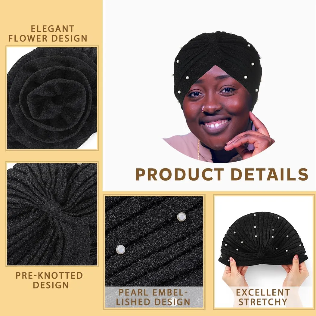 Bohend Big Flower Glitter Pleated Headwrap Cap Pearl Pre Tied Turbans Beanie Knotted Bonnet Stretch Headscarf Hat Women